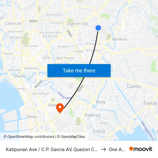 Katipunan Ave / C.P. Garcia AV, Quezon City, Manila to One Ayala map