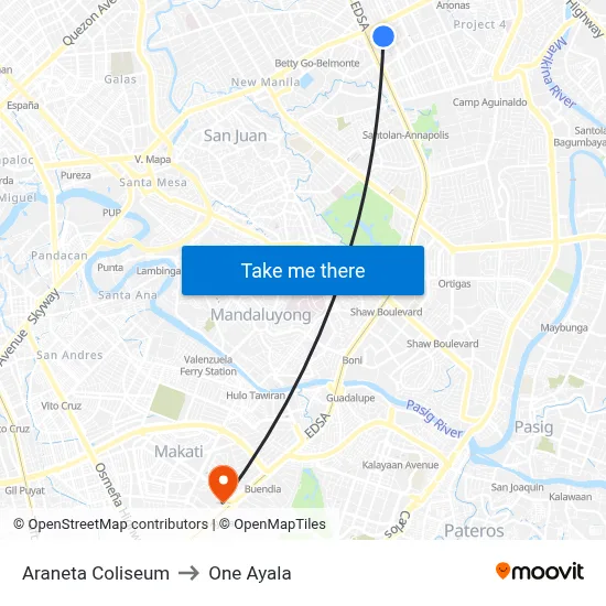 Araneta Coliseum to One Ayala map