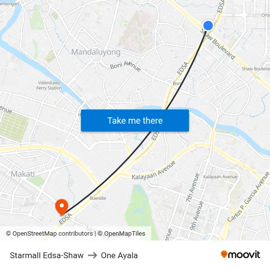 Starmall Edsa-Shaw to One Ayala map