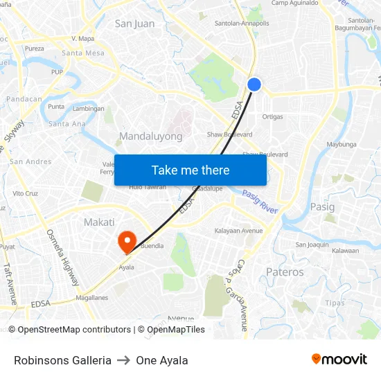Robinsons Galleria to One Ayala map