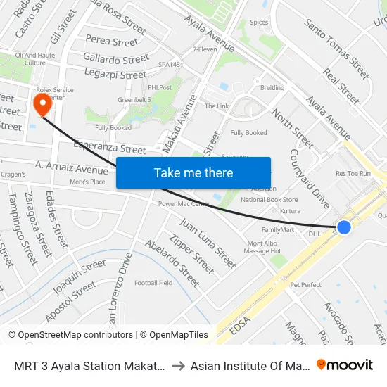 MRT 3 Ayala Station Makati City Manila to Asian Institute Of Management map