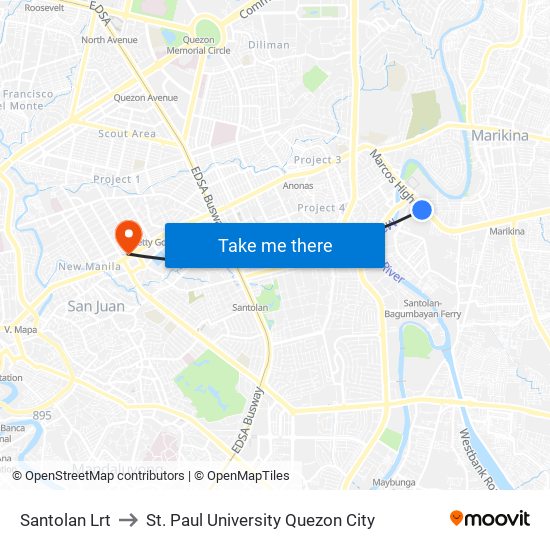 Santolan Lrt to St. Paul University Quezon City map