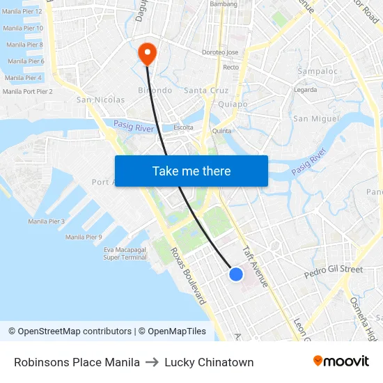 Robinsons Place Manila to Lucky Chinatown map