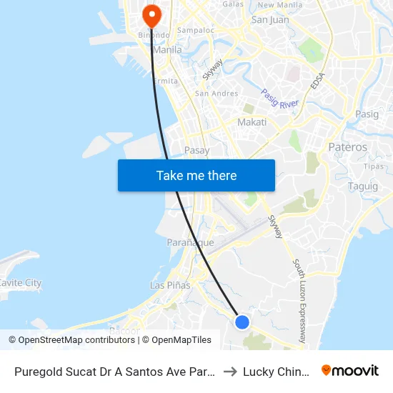 Puregold Sucat Dr A Santos Ave Parañaque City to Lucky Chinatown map