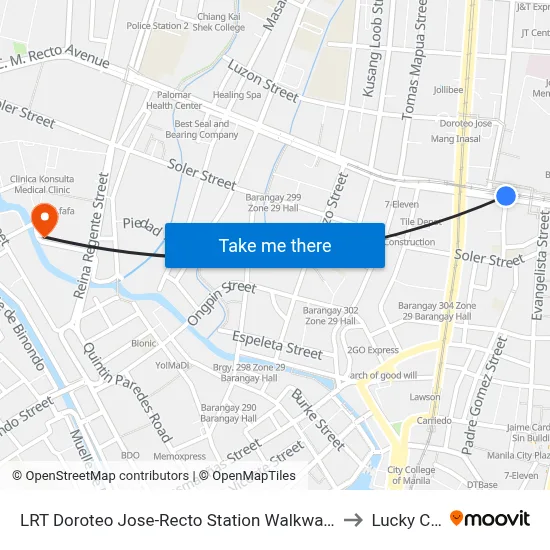 LRT Doroteo Jose-Recto Station Walkway / Rizal Avenue Intersection, Manila to Lucky Chinatown map