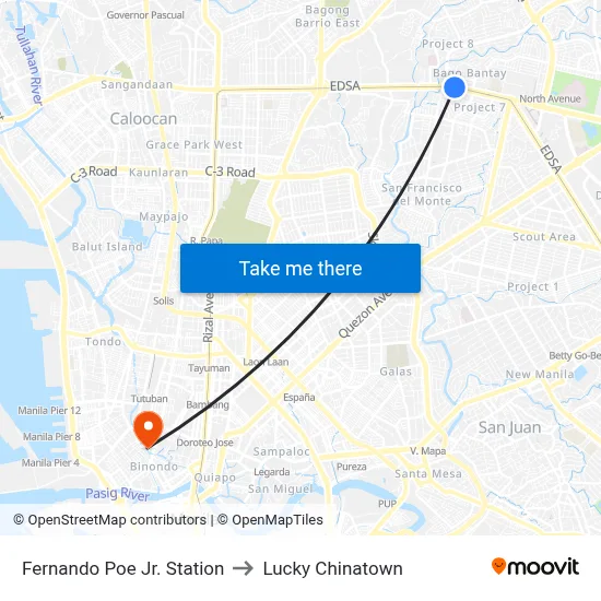Fernando Poe Jr. Station to Lucky Chinatown map