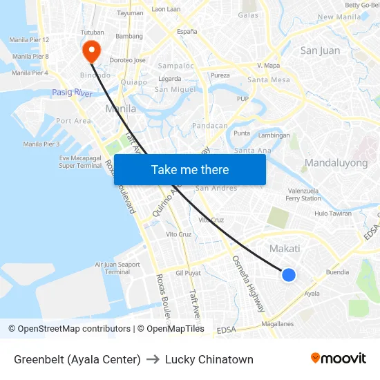 Greenbelt (Ayala Center) to Lucky Chinatown map