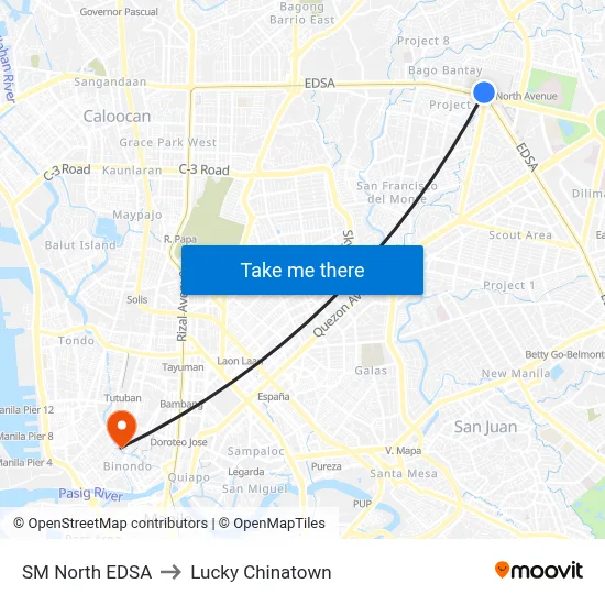 SM North EDSA to Lucky Chinatown map