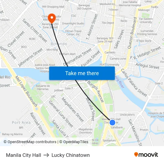 Manila City Hall to Lucky Chinatown map