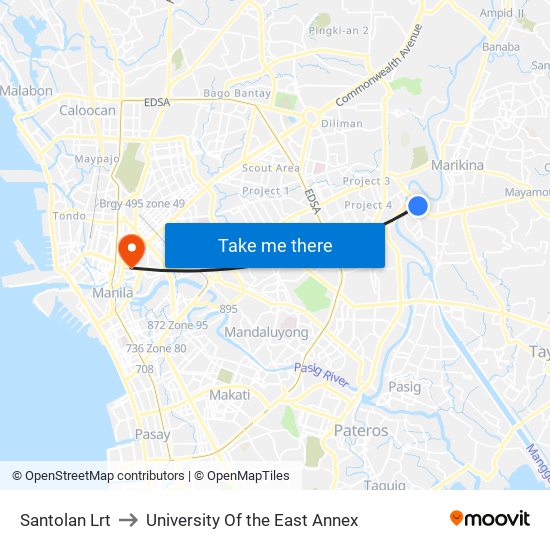 Santolan Lrt to University Of the East Annex map