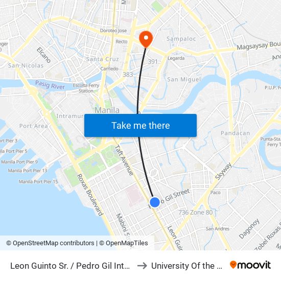 Leon Guinto Sr. / Pedro Gil Intersection, Manila to University Of the East Annex map