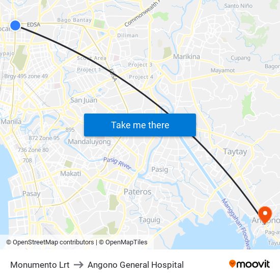 Monumento Lrt to Angono General Hospital map