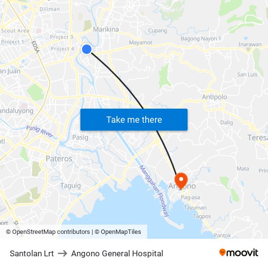 Santolan Lrt to Angono General Hospital map