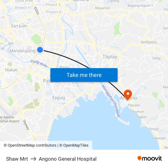 Shaw Mrt to Angono General Hospital map