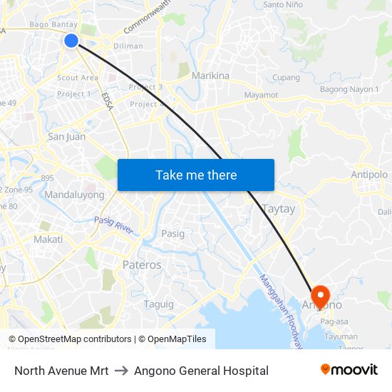 North Avenue Mrt to Angono General Hospital map