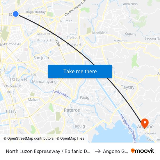 North Luzon Expressway / Epifanio De Los Santos Avenue Intersection, Caloocan City to Angono General Hospital map
