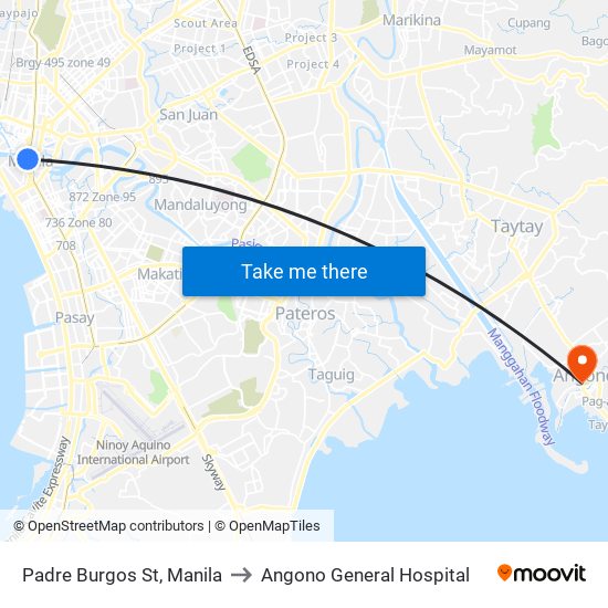 Padre Burgos St, Manila to Angono General Hospital map