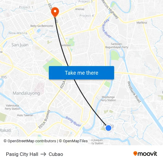 Pasig City Hall to Cubao map