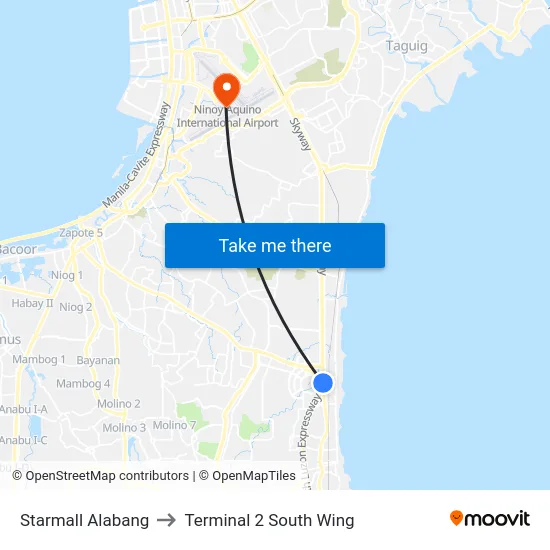 Starmall Alabang to Terminal 2 South Wing map