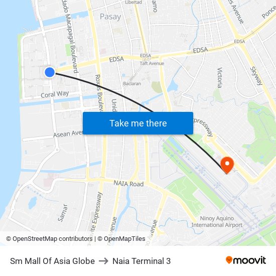 Sm Mall Of Asia Globe to Naia Terminal 3 map