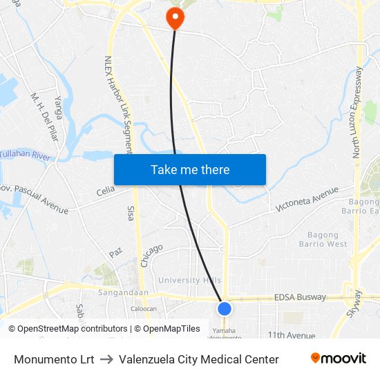 Monumento Lrt to Valenzuela City Medical Center map