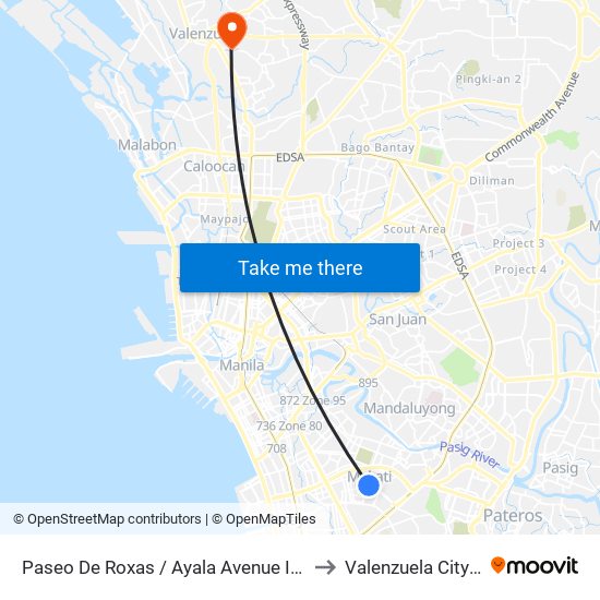 Paseo De Roxas / Ayala Avenue Intersection, Makati City, Manila to Valenzuela City Medical Center map