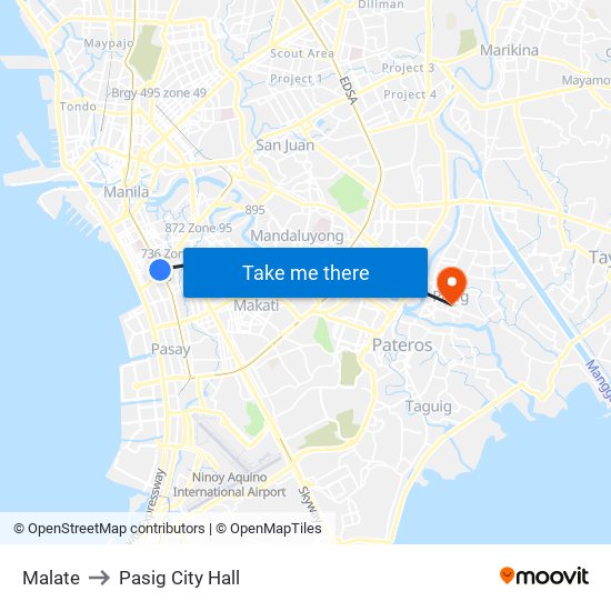 Malate to Pasig City Hall map