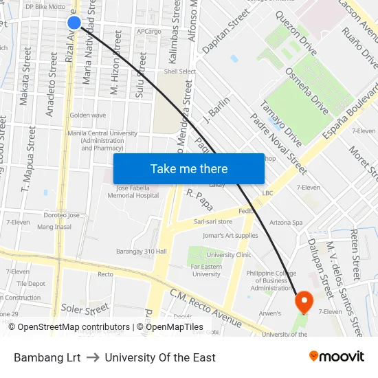 Bambang Lrt to University Of the East map