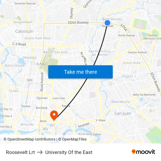 Roosevelt Lrt to University Of the East map