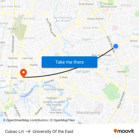 Cubao Lrt to University Of the East map