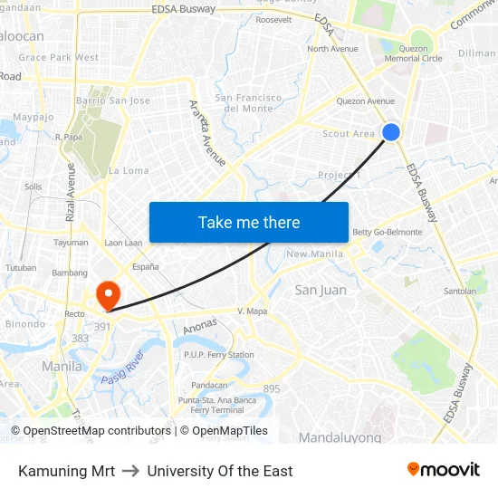 Kamuning Mrt to University Of the East map