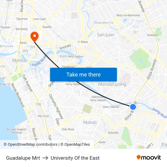 Guadalupe Mrt to University Of the East map