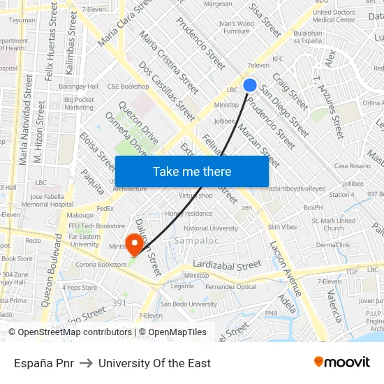 España Pnr to University Of the East map