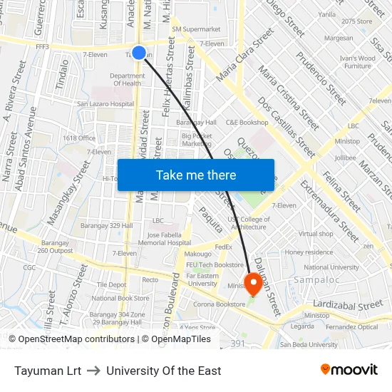 Tayuman Lrt to University Of the East map