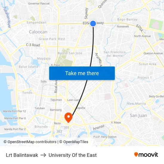 Lrt Balintawak to University Of the East map