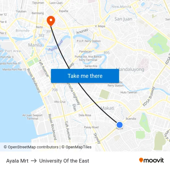 Ayala Mrt to University Of the East map