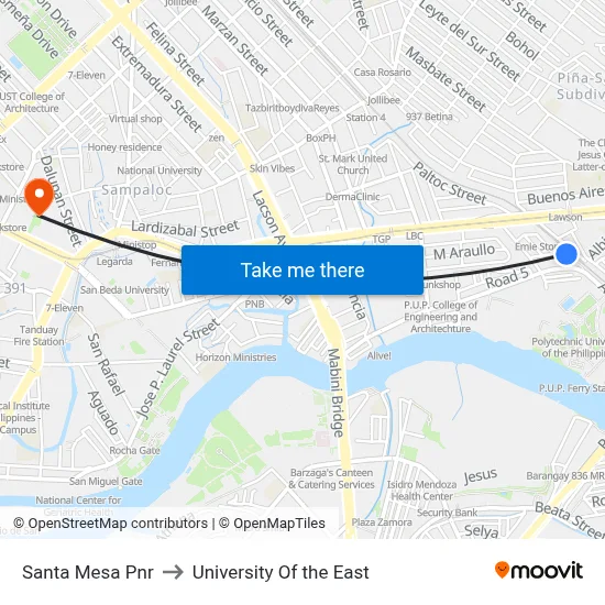 Santa Mesa Pnr to University Of the East map