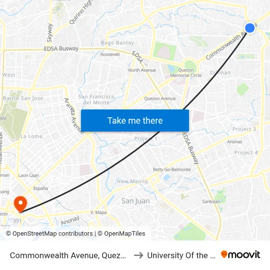 Commonwealth Avenue, Quezon City to University Of the East map