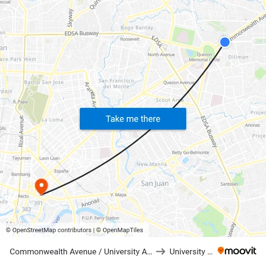 Commonwealth Avenue / University Avenue Intersection, Quezon City to University Of the East map