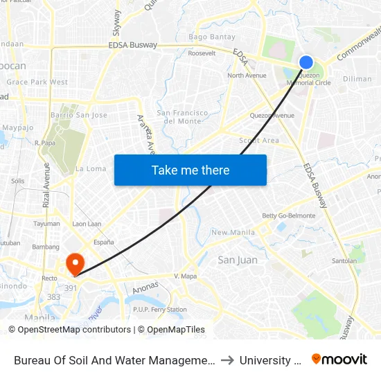 Bureau Of Soil And Water Management, Elliptical Rd, Quezon City to University Of the East map