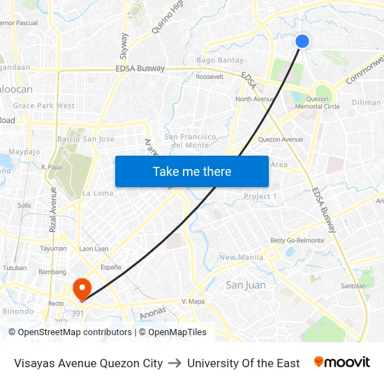 Visayas Avenue Quezon City to University Of the East map