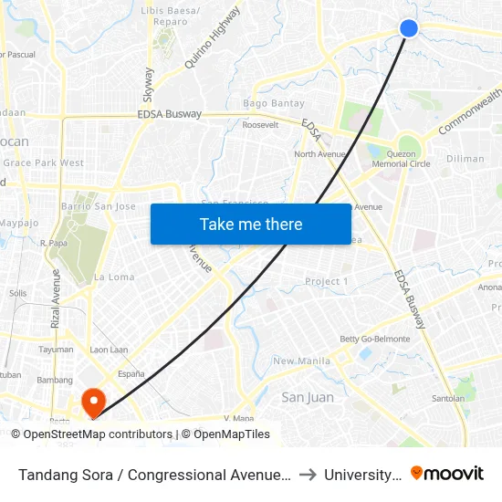 Tandang Sora / Congressional Avenue Extension Intersection, Quezon City to University Of the East map