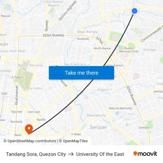 Tandang Sora, Quezon City to University Of the East map