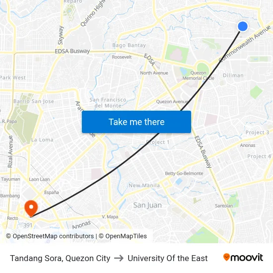 Tandang Sora, Quezon City to University Of the East map