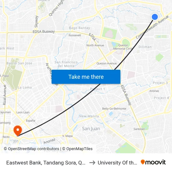 Eastwest Bank, Tandang Sora, Quezon City to University Of the East map
