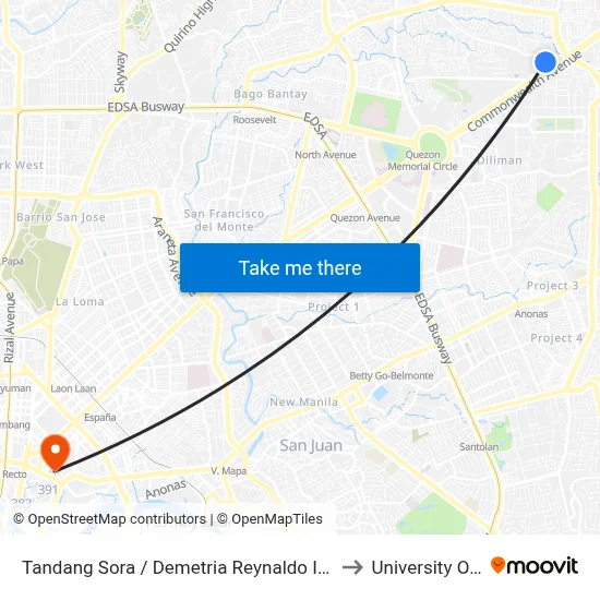 Tandang Sora / Demetria Reynaldo Intersection, Quezon City to University Of the East map