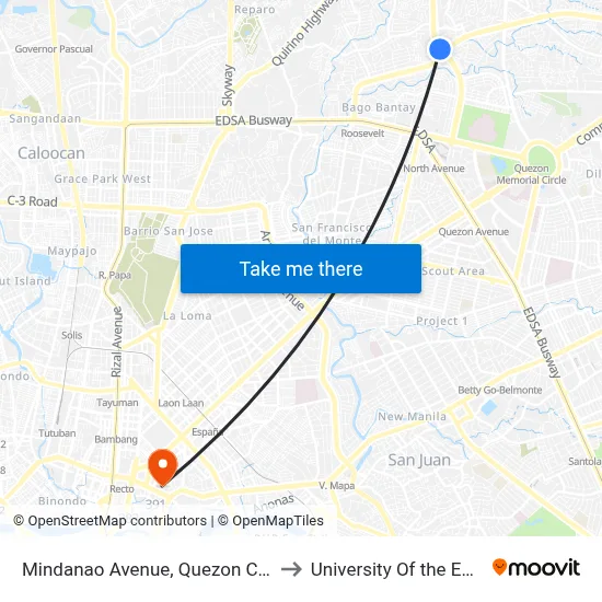 Mindanao Avenue, Quezon City to University Of the East map