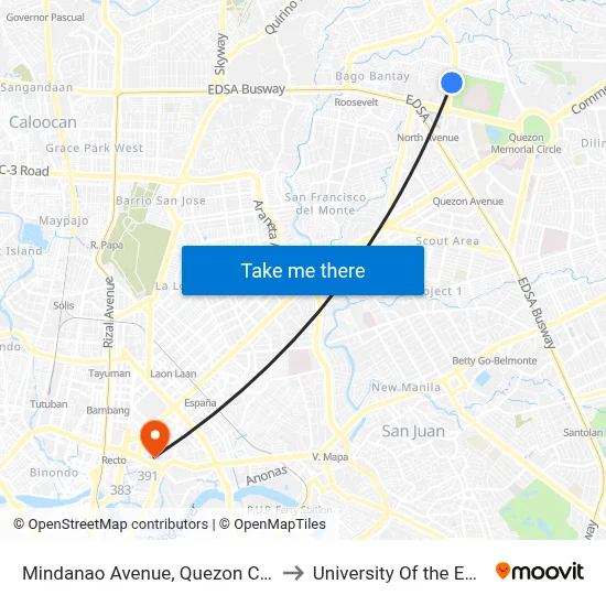 Mindanao Avenue, Quezon City to University Of the East map