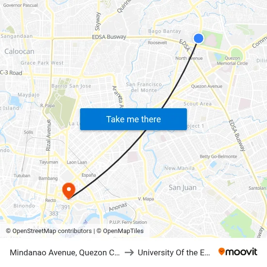 Mindanao Avenue, Quezon City to University Of the East map