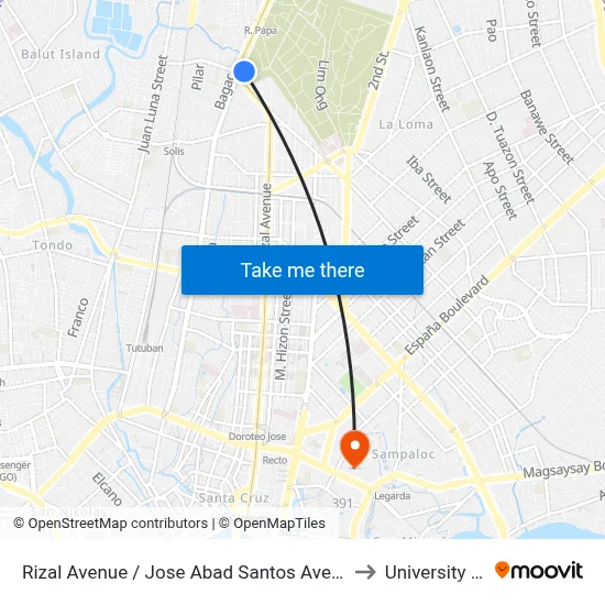 Rizal Avenue / Jose Abad Santos Avenue Interchange, Caloocan City to University Of the East map